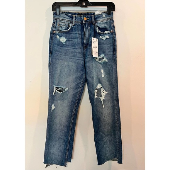 NEW Zara Jeans Womens 2 High Rise Blue Distressed Ripped Denim - Picture 2 of 8